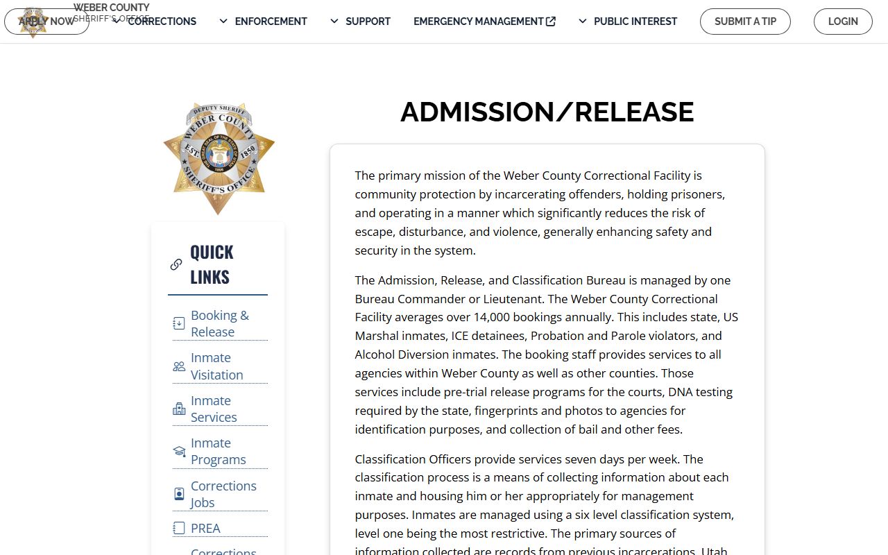Weber County Correctional Facility admission release inmate booking information