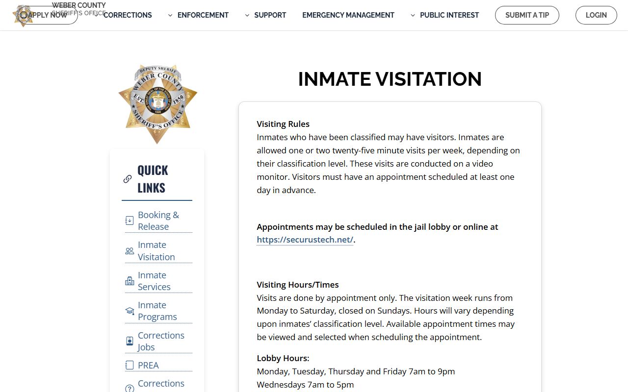 Weber County Correctional Facility inmate visitation schedule and video visit rules