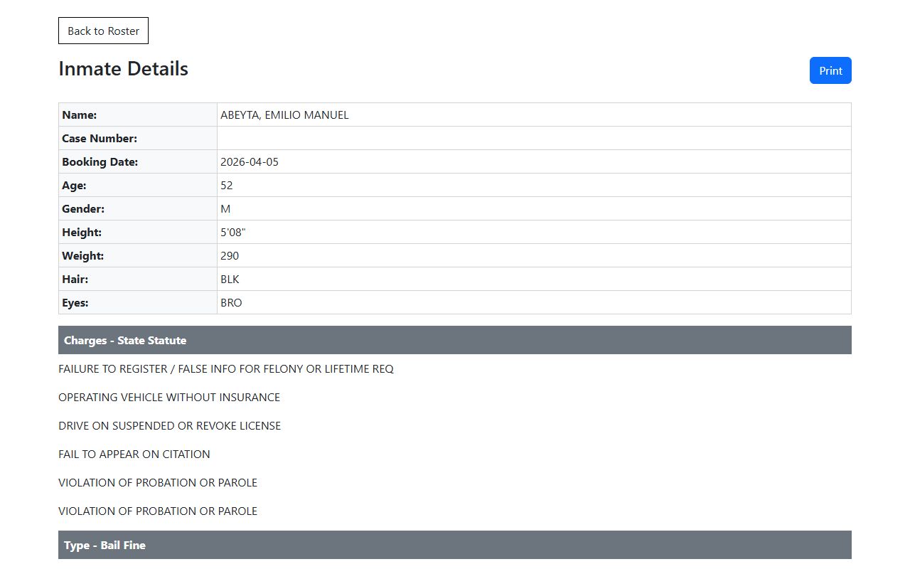 Sample Weber County roster detail fields for booking date demographics charges and bail fine entries